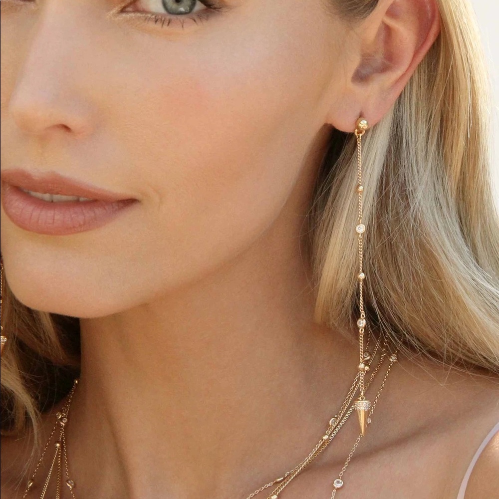 NWOT Ettika Gold Spike Drop Chain 18k Gold Plated Earrings with Dust Bag
